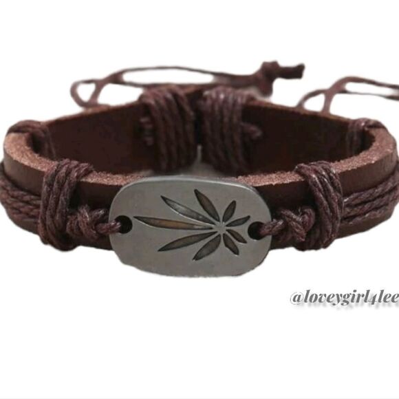 BROWN VEGAN LEATHER LEAF BRACLET #P1 - Picture 1 of 6